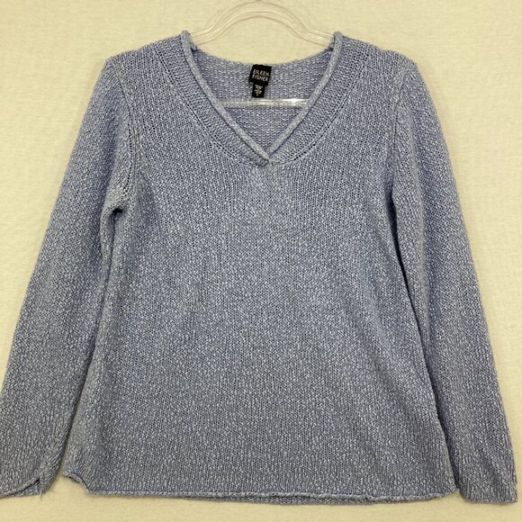 Eileen Fisher Large Blue V Neck Linen Blend Sweater Relaxed Comfy - Picture 1 of 9